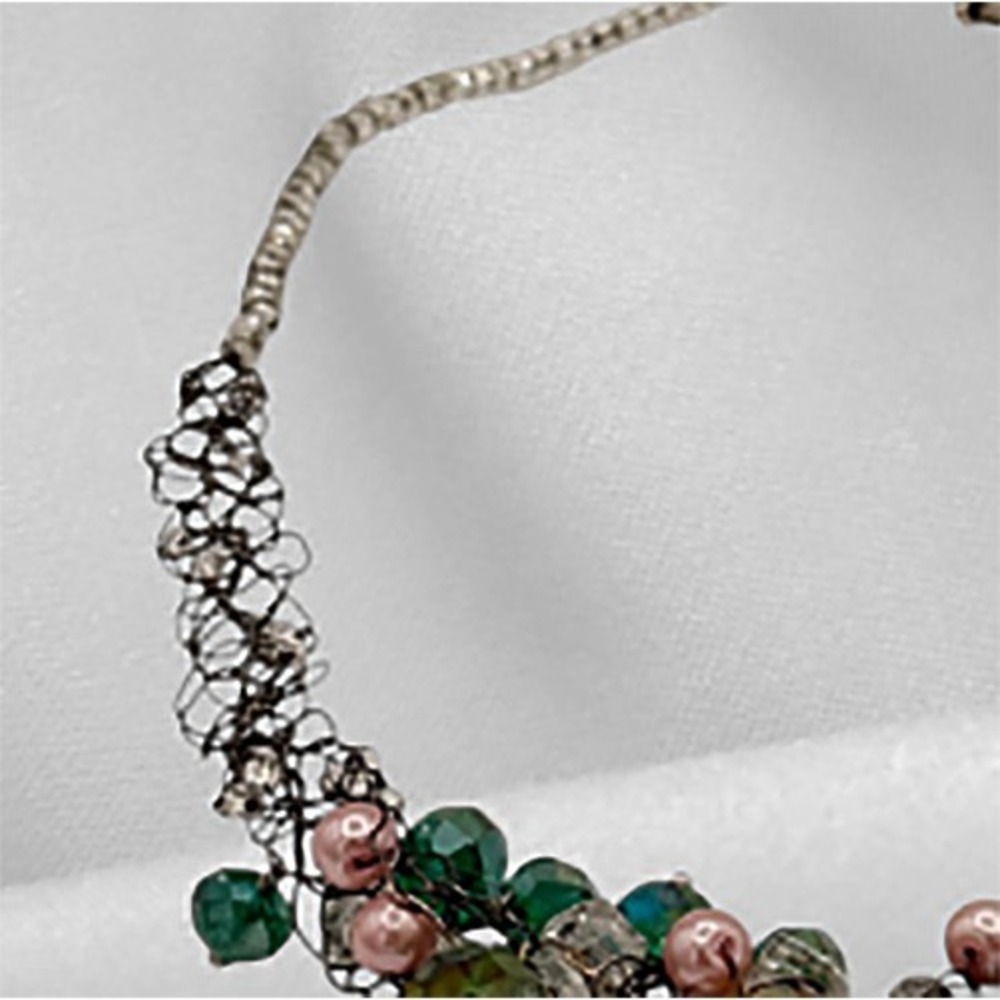 Handmade Wire Crochet Beaded Necklace Green Facet Crystal Pink Pearl Fringe 18" - Picture 9 of 15